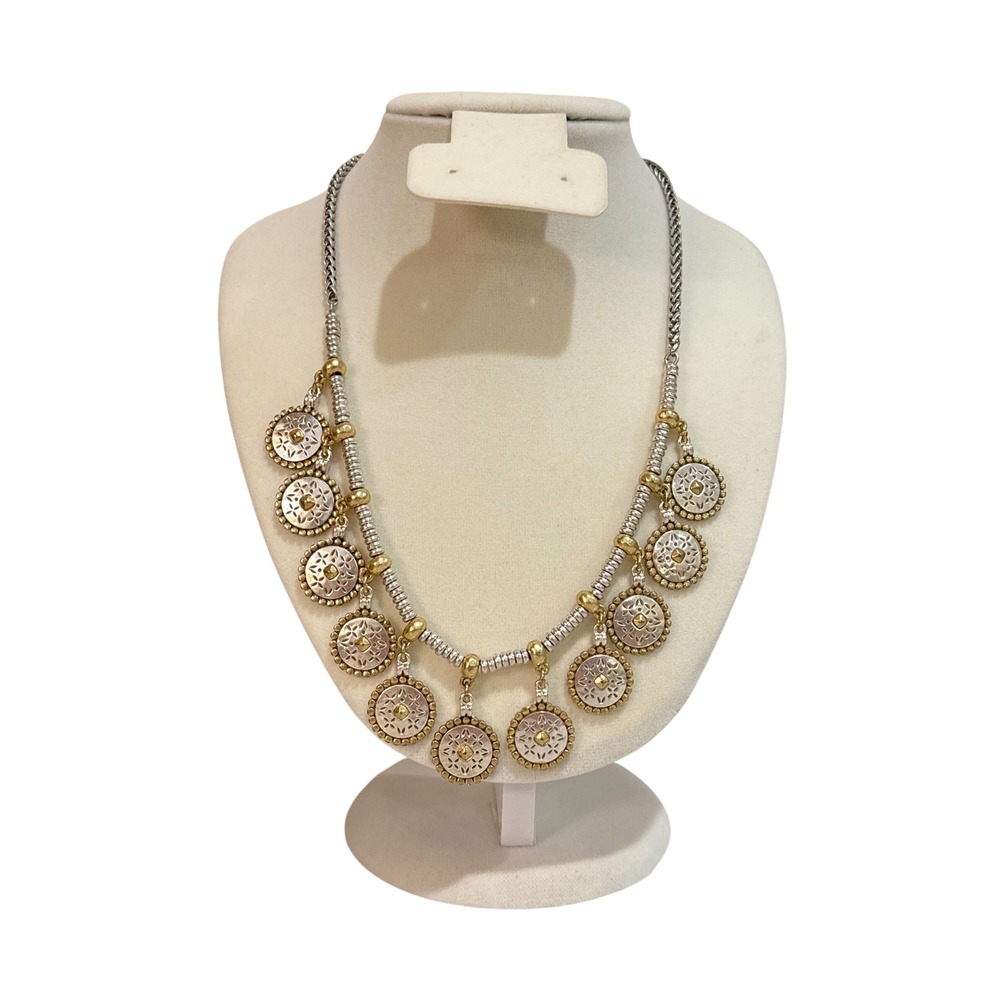 Lucky Brand Necklace Silver Gold Two Tone Coin Charm Boho Statement Layering